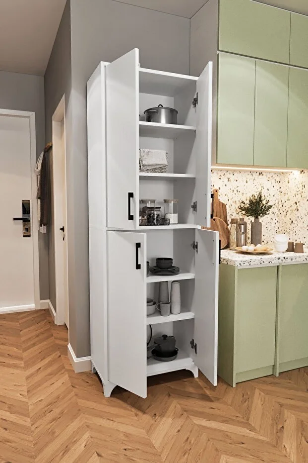 Çok Amaçlı Dolap 4 Kapaklı 6 Bölmeli Banyo Dolabı Mutfak Dolabı Nehir Beyaz